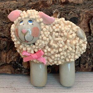 Darling VTG 70s Salt Dough Ornament Girl Sheep W Blue Eyes Pink Cheeks Ears 2.25